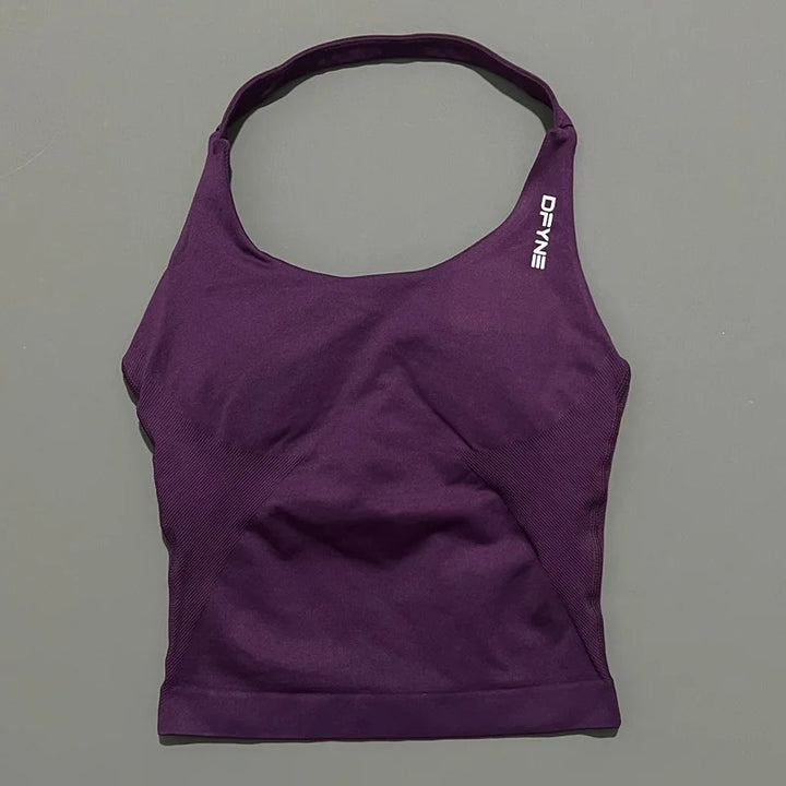 חולצת הלטר לאישה עם רצועות ארוכות, חולצת טנק מרופדת ליוגה, בגדי כושר לריצה ולאימון בחדר כושר