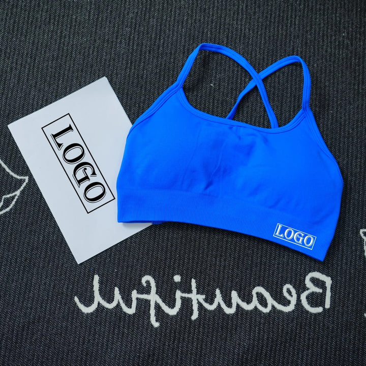 יוגה ספורט ברה דינמית ללא גב עם לוגו נשים ברה עליונה ללא תפרים תמיכה בינונית מרופדת חדר כושר גמישה ספורט