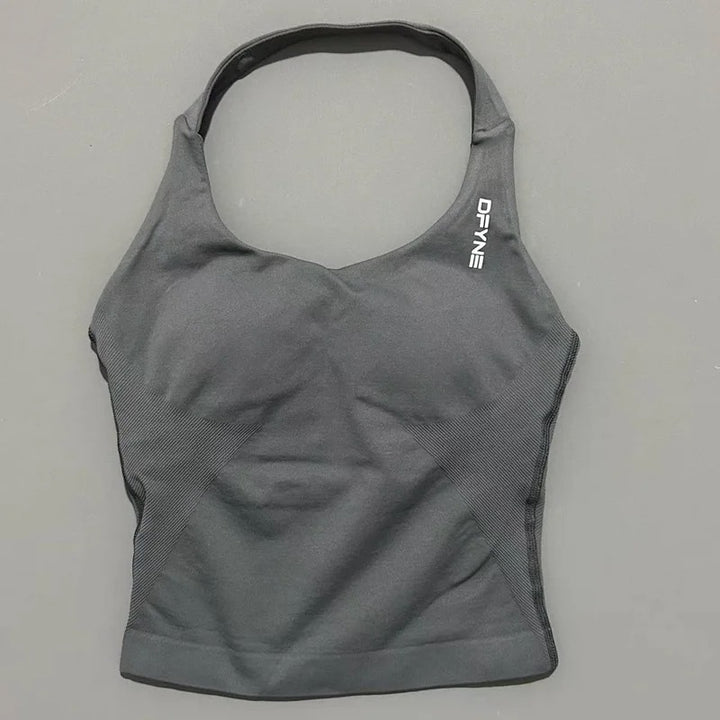 חולצת הלטר לאישה עם רצועות ארוכות, חולצת טנק מרופדת ליוגה, בגדי כושר לריצה ולאימון בחדר כושר