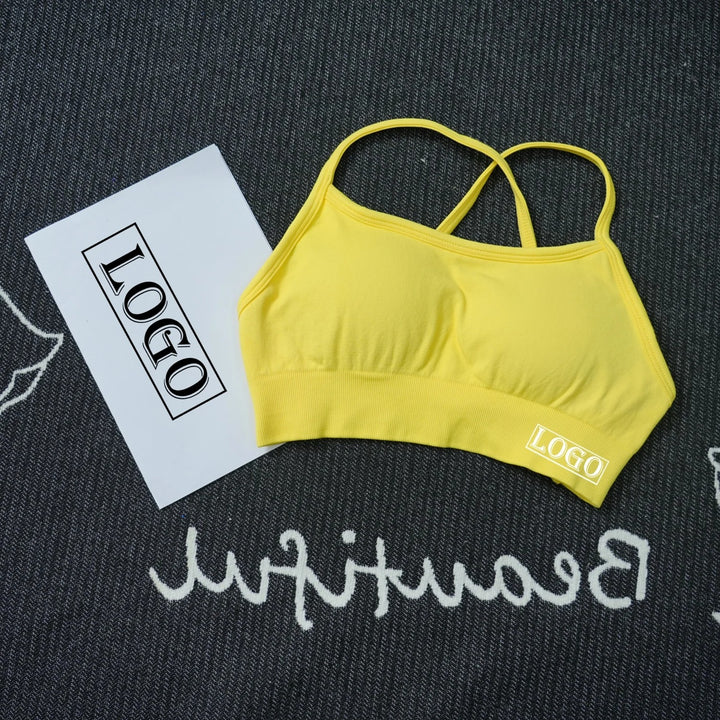 יוגה ספורט ברה דינמית ללא גב עם לוגו נשים ברה עליונה ללא תפרים תמיכה בינונית מרופדת חדר כושר גמישה ספורט
