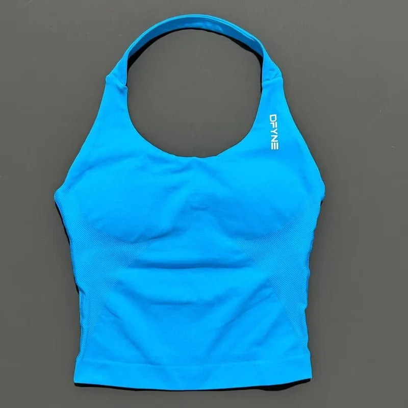 חולצת הלטר לאישה עם רצועות ארוכות, חולצת טנק מרופדת ליוגה, בגדי כושר לריצה ולאימון בחדר כושר