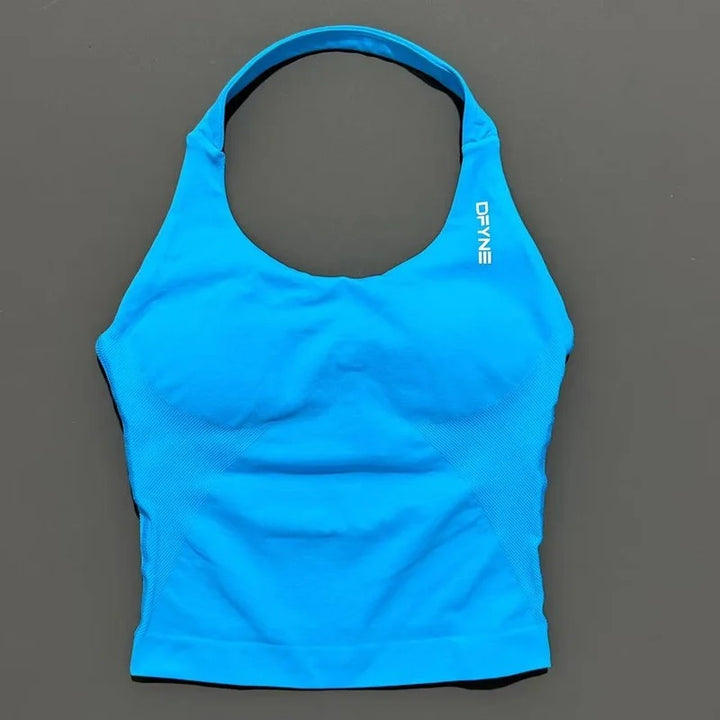 חולצת הלטר לאישה עם רצועות ארוכות, חולצת טנק מרופדת ליוגה, בגדי כושר לריצה ולאימון בחדר כושר