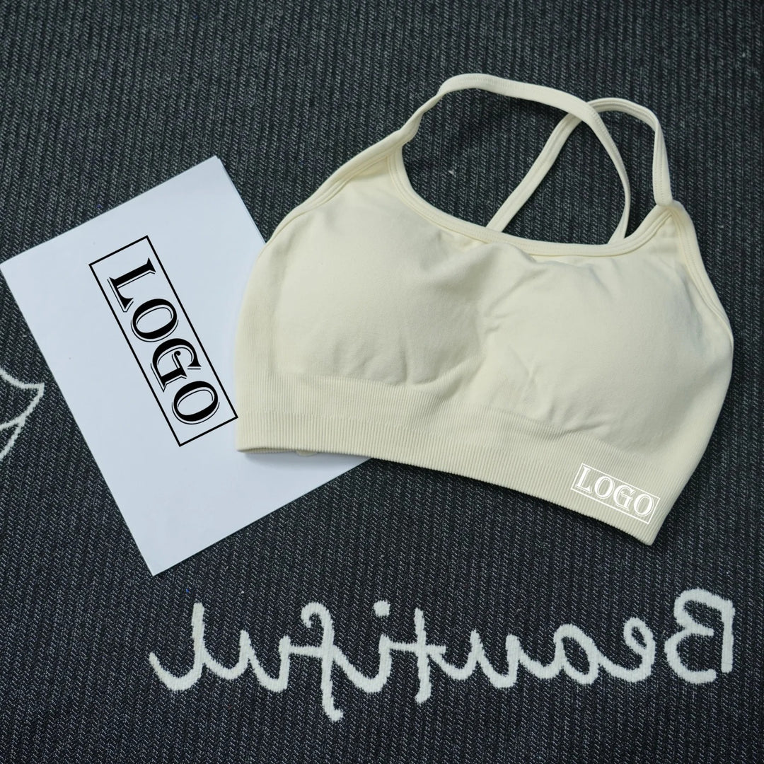 יוגה ספורט ברה דינמית ללא גב עם לוגו נשים ברה עליונה ללא תפרים תמיכה בינונית מרופדת חדר כושר גמישה ספורט