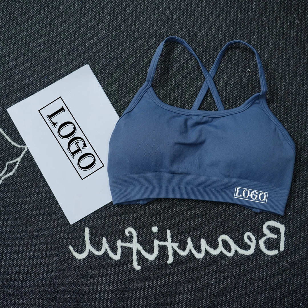 יוגה ספורט ברה דינמית ללא גב עם לוגו נשים ברה עליונה ללא תפרים תמיכה בינונית מרופדת חדר כושר גמישה ספורט