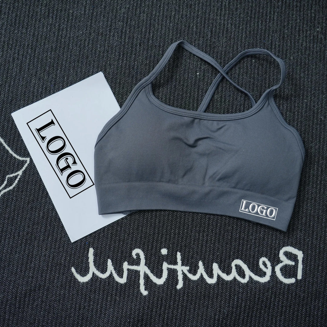 יוגה ספורט ברה דינמית ללא גב עם לוגו נשים ברה עליונה ללא תפרים תמיכה בינונית מרופדת חדר כושר גמישה ספורט