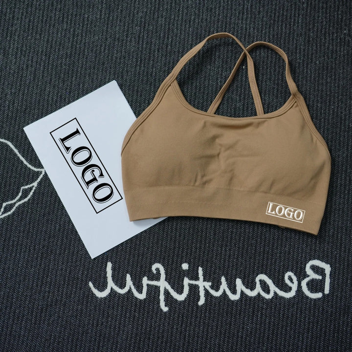 יוגה ספורט ברה דינמית ללא גב עם לוגו נשים ברה עליונה ללא תפרים תמיכה בינונית מרופדת חדר כושר גמישה ספורט