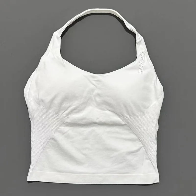 חולצת הלטר לאישה עם רצועות ארוכות, חולצת טנק מרופדת ליוגה, בגדי כושר לריצה ולאימון בחדר כושר