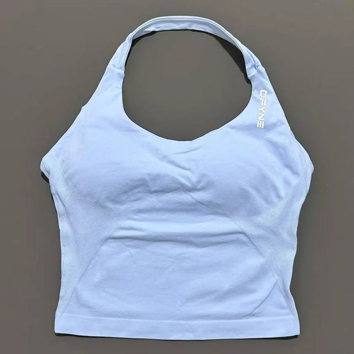 חולצת הלטר לאישה עם רצועות ארוכות, חולצת טנק מרופדת ליוגה, בגדי כושר לריצה ולאימון בחדר כושר