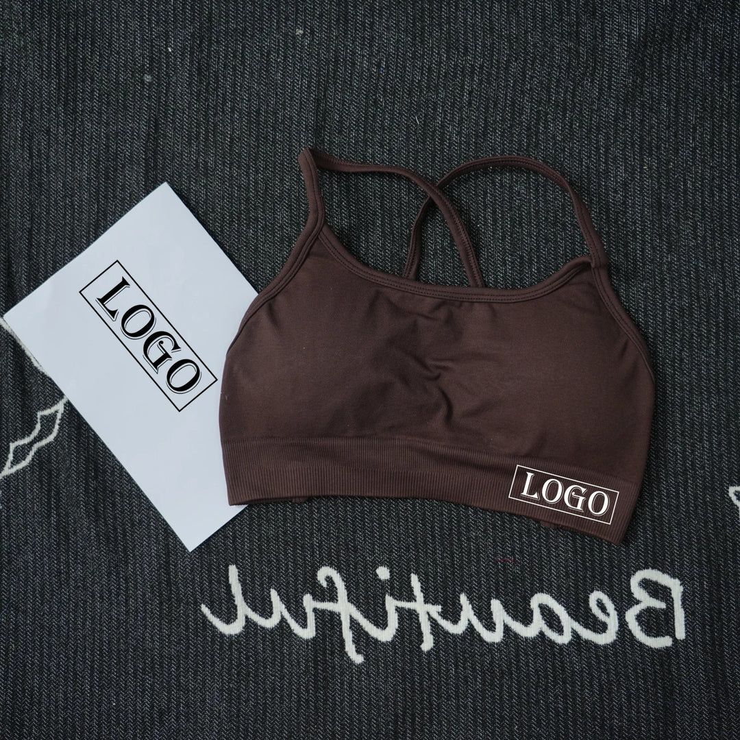 יוגה ספורט ברה דינמית ללא גב עם לוגו נשים ברה עליונה ללא תפרים תמיכה בינונית מרופדת חדר כושר גמישה ספורט