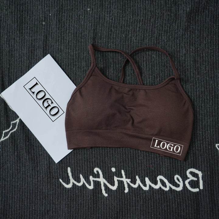 יוגה ספורט ברה דינמית ללא גב עם לוגו נשים ברה עליונה ללא תפרים תמיכה בינונית מרופדת חדר כושר גמישה ספורט