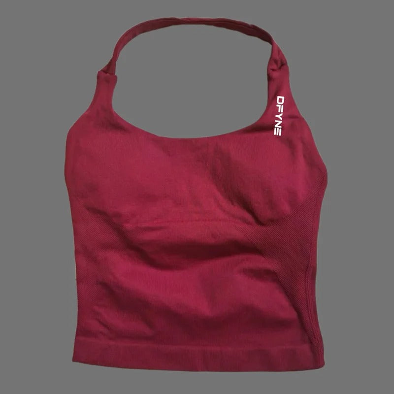 חולצת הלטר לאישה עם רצועות ארוכות, חולצת טנק מרופדת ליוגה, בגדי כושר לריצה ולאימון בחדר כושר