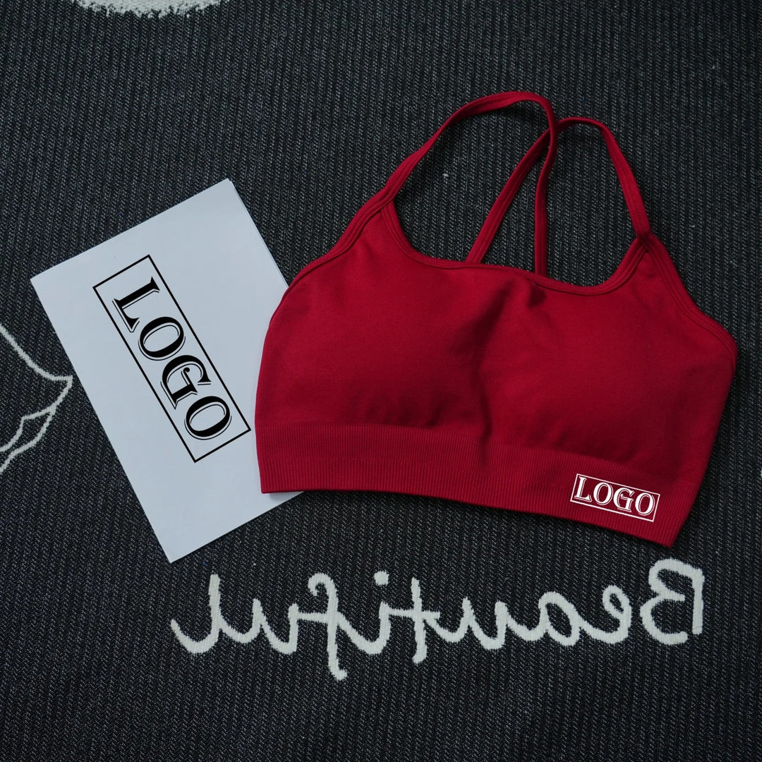 יוגה ספורט ברה דינמית ללא גב עם לוגו נשים ברה עליונה ללא תפרים תמיכה בינונית מרופדת חדר כושר גמישה ספורט