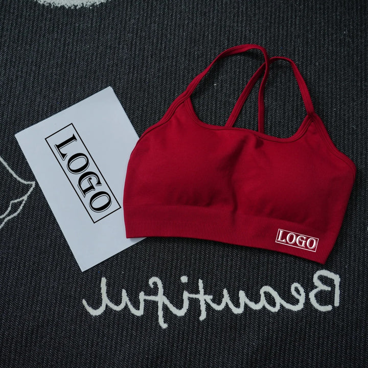 יוגה ספורט ברה דינמית ללא גב עם לוגו נשים ברה עליונה ללא תפרים תמיכה בינונית מרופדת חדר כושר גמישה ספורט