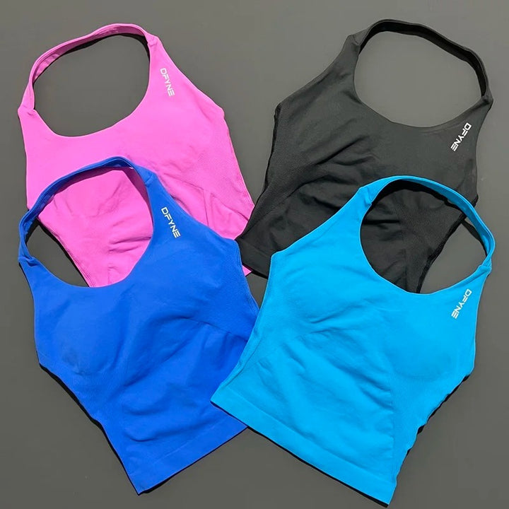 חולצת הלטר לאישה עם רצועות ארוכות, חולצת טנק מרופדת ליוגה, בגדי כושר לריצה ולאימון בחדר כושר