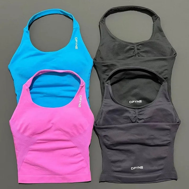 חולצת הלטר לאישה עם רצועות ארוכות, חולצת טנק מרופדת ליוגה, בגדי כושר לריצה ולאימון בחדר כושר