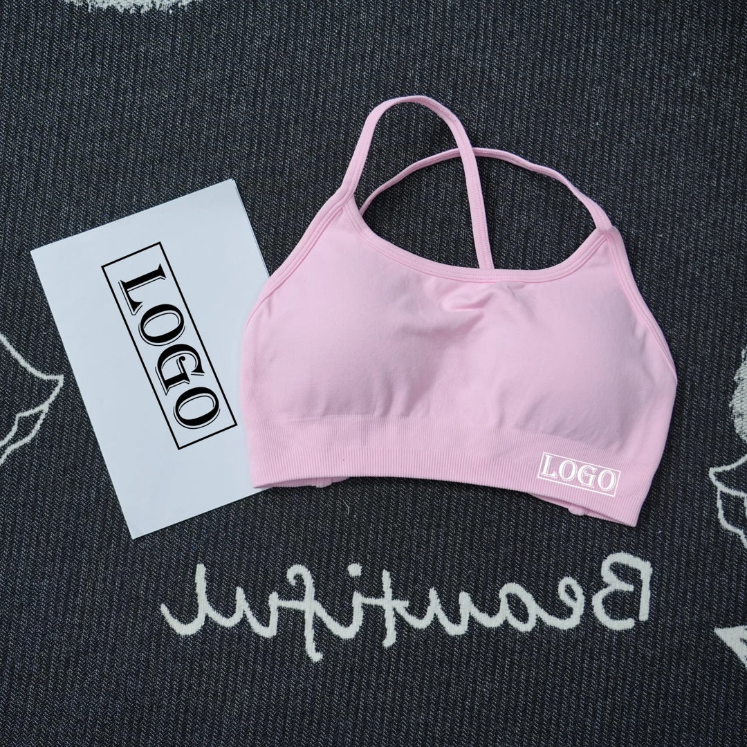 יוגה ספורט ברה דינמית ללא גב עם לוגו נשים ברה עליונה ללא תפרים תמיכה בינונית מרופדת חדר כושר גמישה ספורט