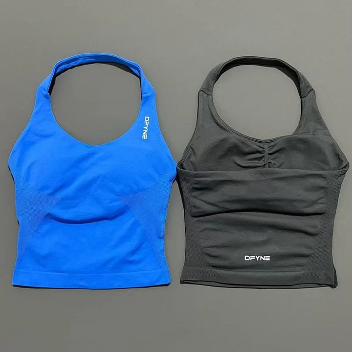 חולצת הלטר לאישה עם רצועות ארוכות, חולצת טנק מרופדת ליוגה, בגדי כושר לריצה ולאימון בחדר כושר