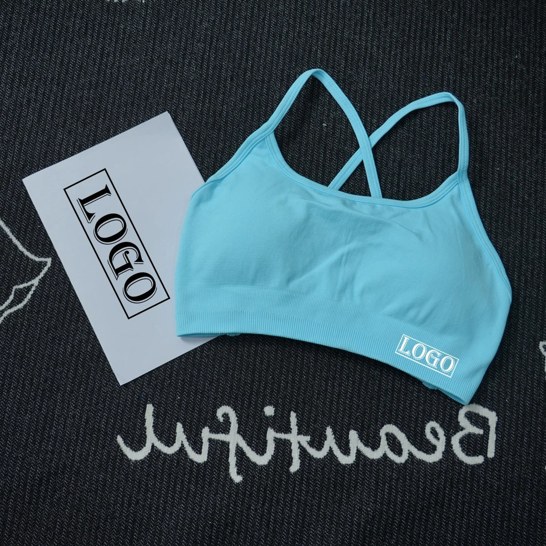 יוגה ספורט ברה דינמית ללא גב עם לוגו נשים ברה עליונה ללא תפרים תמיכה בינונית מרופדת חדר כושר גמישה ספורט