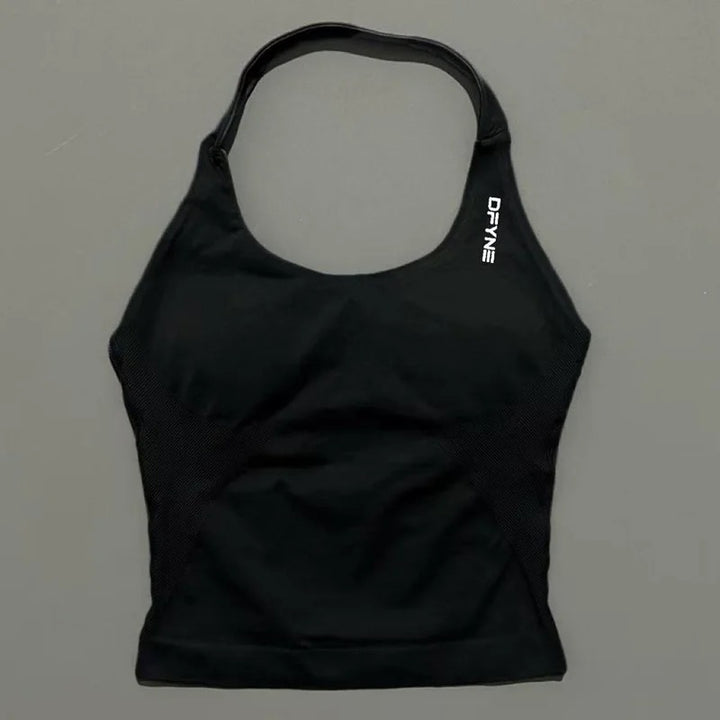 חולצת הלטר לאישה עם רצועות ארוכות, חולצת טנק מרופדת ליוגה, בגדי כושר לריצה ולאימון בחדר כושר