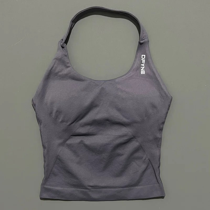 חולצת הלטר לאישה עם רצועות ארוכות, חולצת טנק מרופדת ליוגה, בגדי כושר לריצה ולאימון בחדר כושר