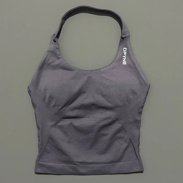 חולצת הלטר לאישה עם רצועות ארוכות, חולצת טנק מרופדת ליוגה, בגדי כושר לריצה ולאימון בחדר כושר