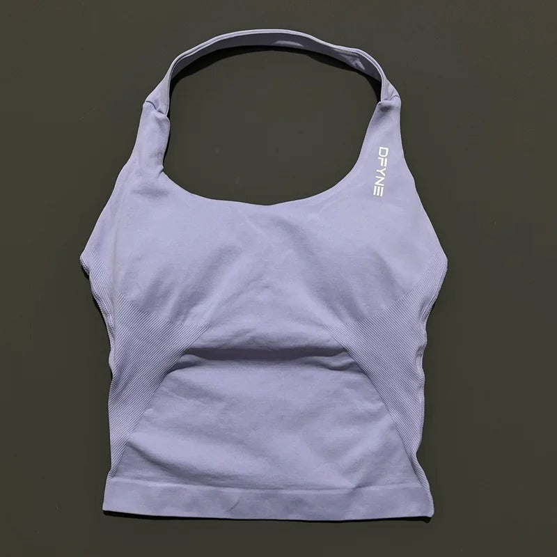 חולצת הלטר לאישה עם רצועות ארוכות, חולצת טנק מרופדת ליוגה, בגדי כושר לריצה ולאימון בחדר כושר