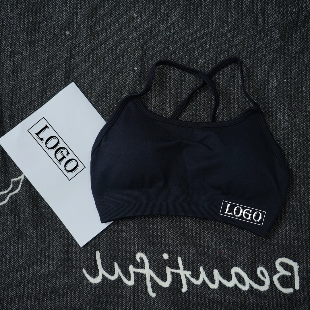 יוגה ספורט ברה דינמית ללא גב עם לוגו נשים ברה עליונה ללא תפרים תמיכה בינונית מרופדת חדר כושר גמישה ספורט