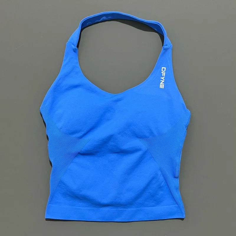 חולצת הלטר לאישה עם רצועות ארוכות, חולצת טנק מרופדת ליוגה, בגדי כושר לריצה ולאימון בחדר כושר