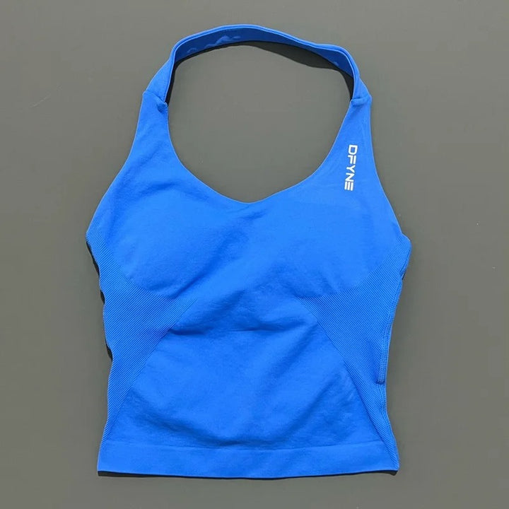 חולצת הלטר לאישה עם רצועות ארוכות, חולצת טנק מרופדת ליוגה, בגדי כושר לריצה ולאימון בחדר כושר